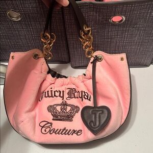 Juicy Couture Pink and Black Brown Velour Handbag with Gold Hardware